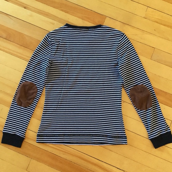 ⛔️SOLD⛔️ LRL Striped B&W Suede Elbow Patch Tee -M - Picture 5 of 8